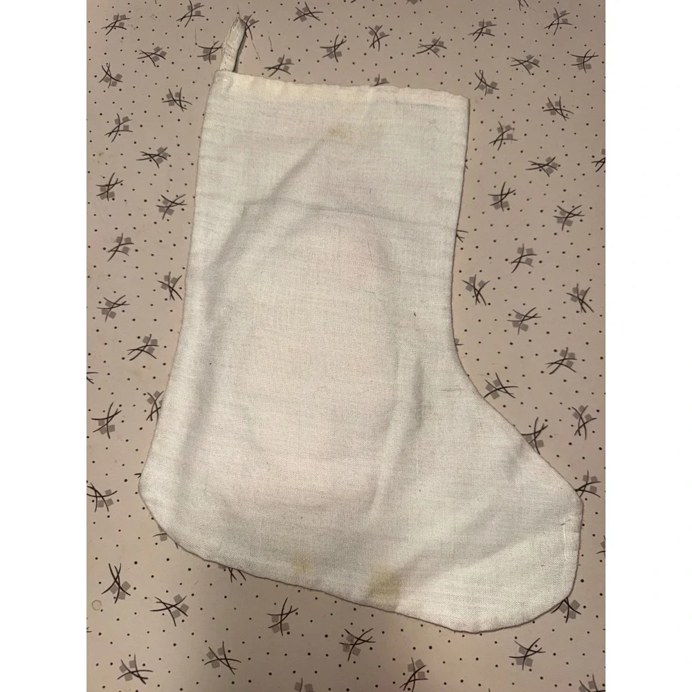 Vintage 80s Linen Christmas Stocking 3D Santa Claus Applique Merry Christmas New